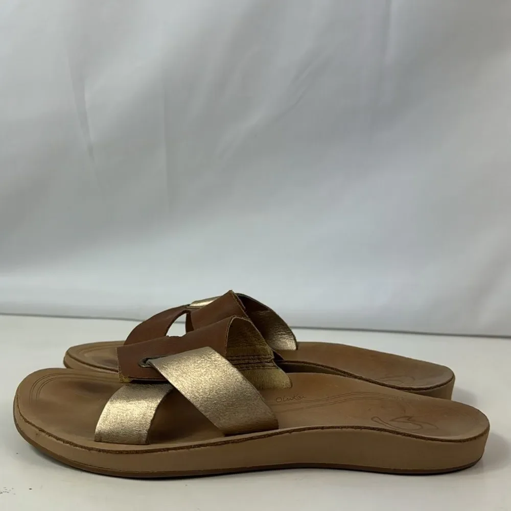 OLUKAI Nonohe Olu Golden Brown Leather Slide Women’s Sandals